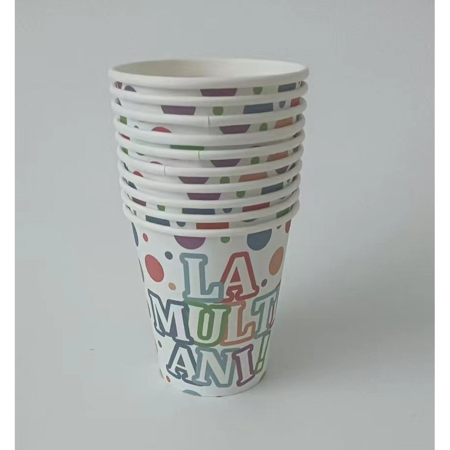 Set 10 Pahare, Klevo, Imprimeu La Multi Ani, din Carton, 250 ml, 7 x 8.5 x 5 cm, Multicolor