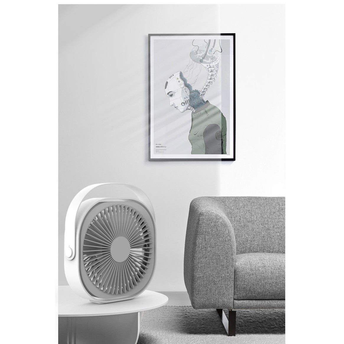 Mini ventilator pentru birou cu usb, Klevo, rotire 360 grade, 3 viteze, 1500 mA, 13.5 x 12,8, Alb