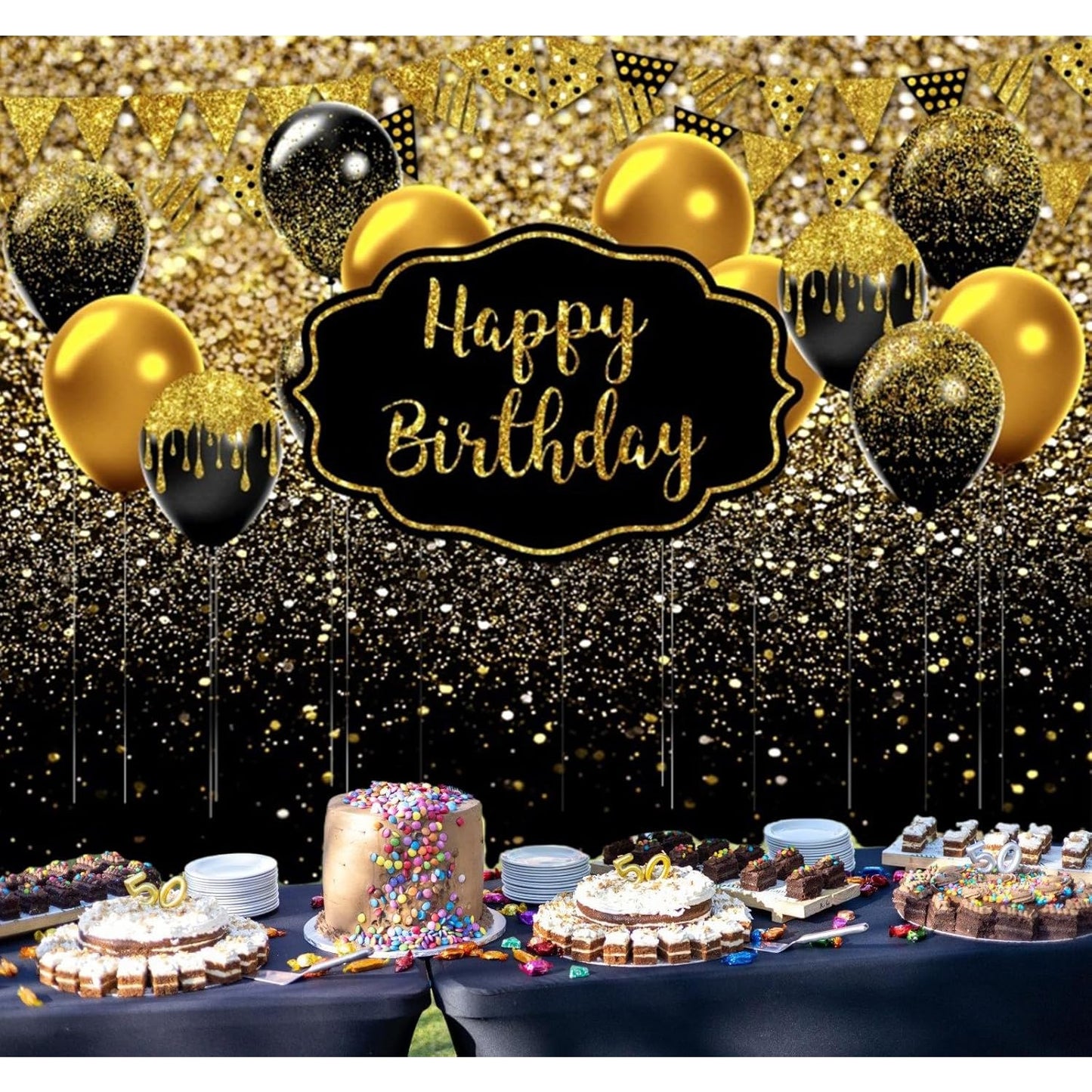 Banner Tip Fundal pentru Poze, Klevo, din Panza, 185 x 110 cm, Sfoara 6 m, Prindere in 4 Colturi, Negru/Auriu