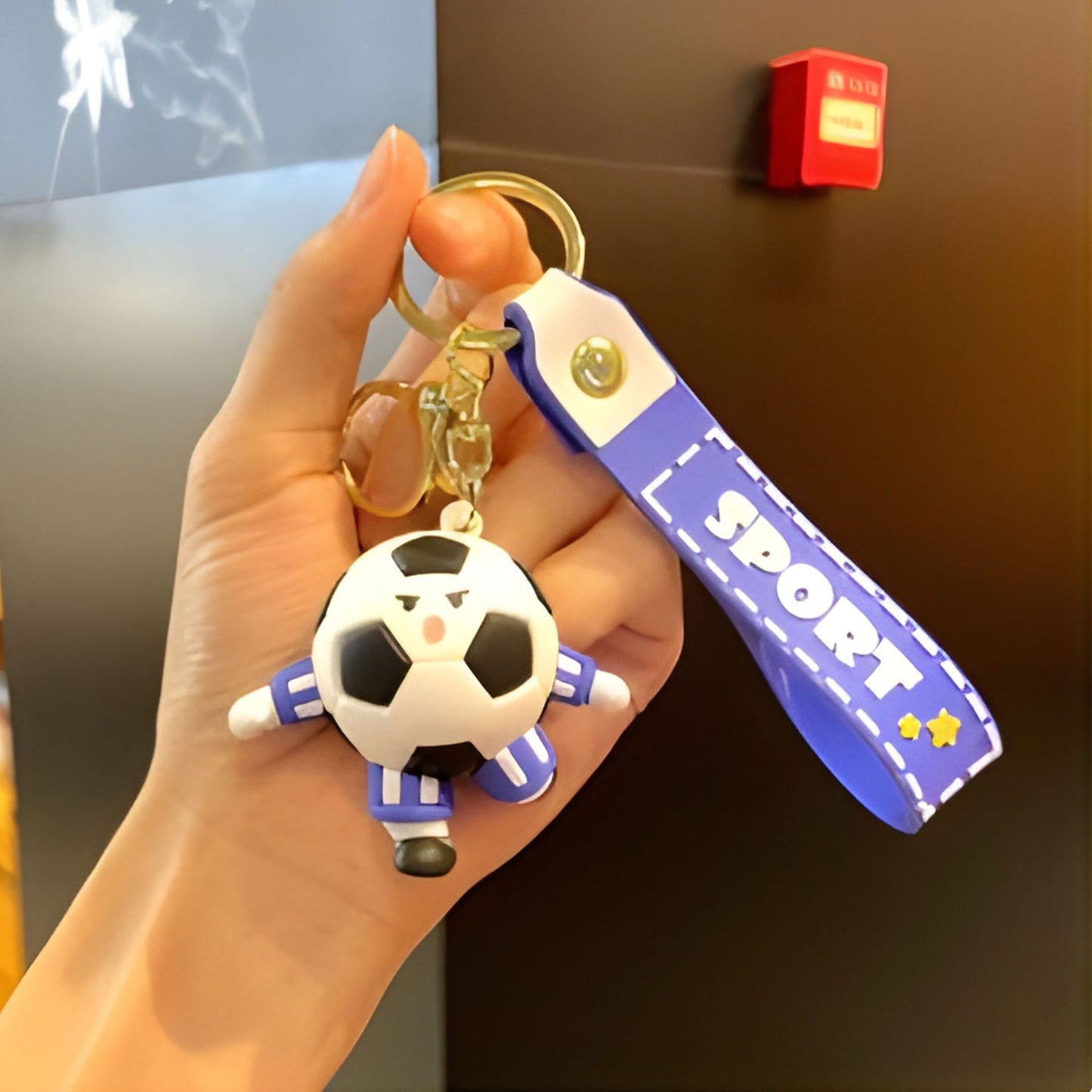 Breloc Chei, Klevo, Model Minge de Fotbal cu Casti, Cupa Mondiala, Accesoriu Pentru Chei si Rucsac, Material Acril, 50 g, Albastru