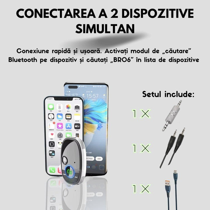 Adaptor Auto, Klevo, Bluetooth 5.0, Auxiliar, Asistenta Vocal, Jack 3.5 mm, Pentru Telefon Mobil si Sistem Audio Auto, Negru