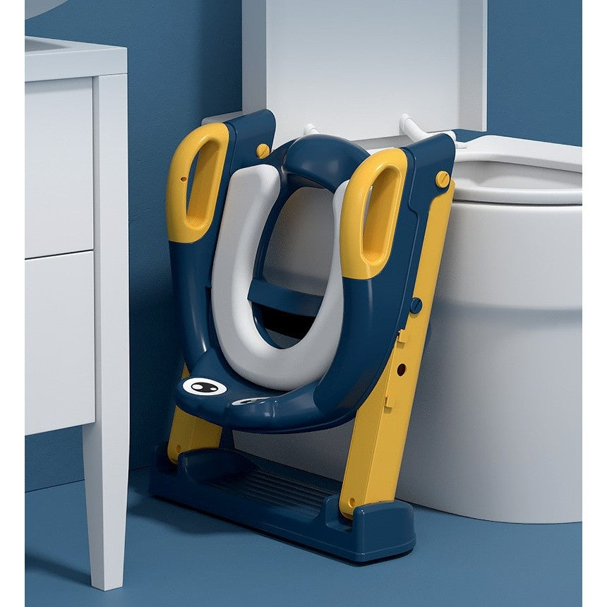 Reductor si Scaunel Inaltator WC, Klevo, pentru Copii 1 - 7 Ani, 2 Trepte Reglabile, Pliabil, Colac Moale, cu Spatar si Manere, Inaltime 54/58 cm x 39.5 x 35 cm, din Plastic+PVC, Albastru/Portocaliu