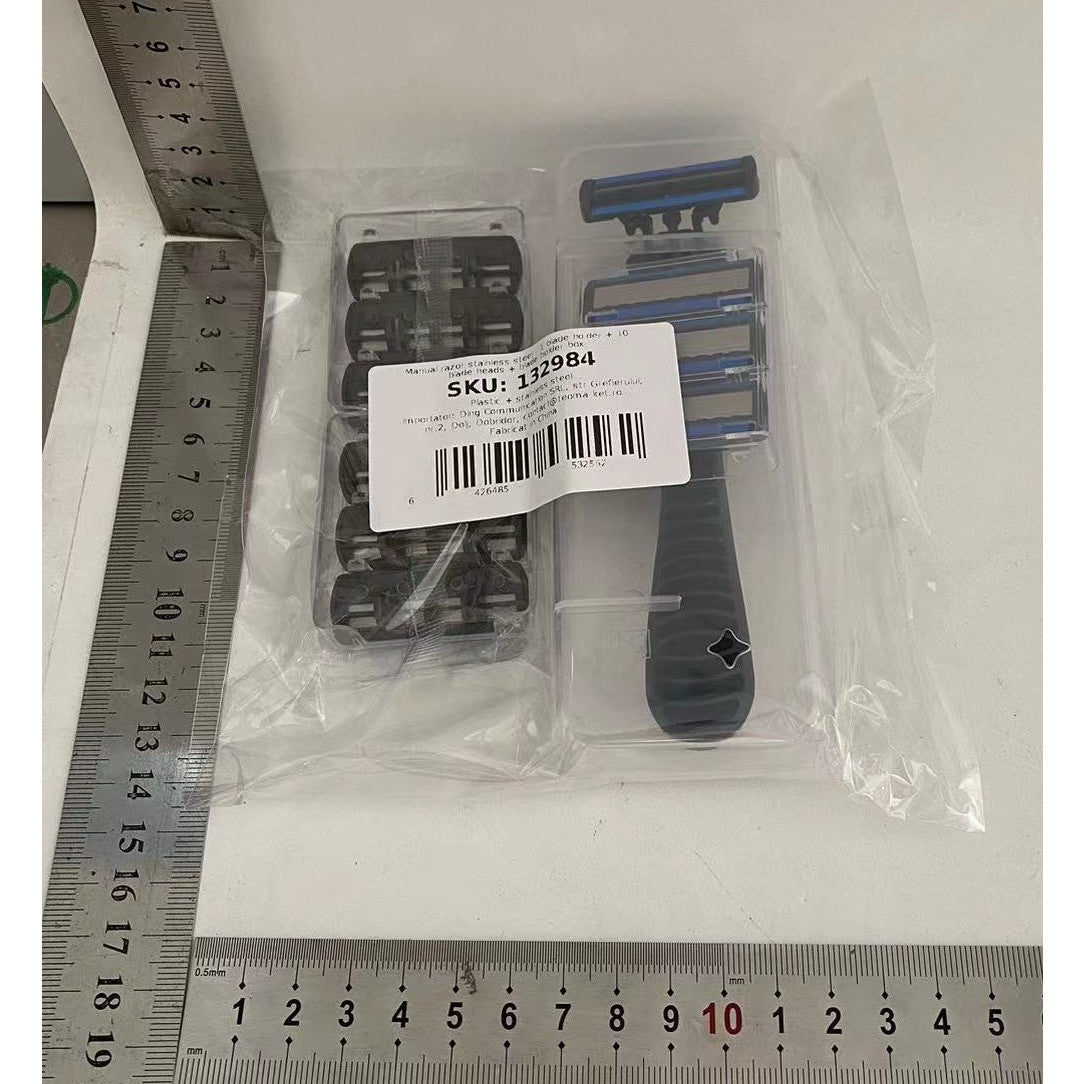 Aparat de Ras Manual, Klevo, din Otel Inoxidabil, Suport Lama + 10 Capete de Schimb Incluse, Cutie pentru Lame, Negru