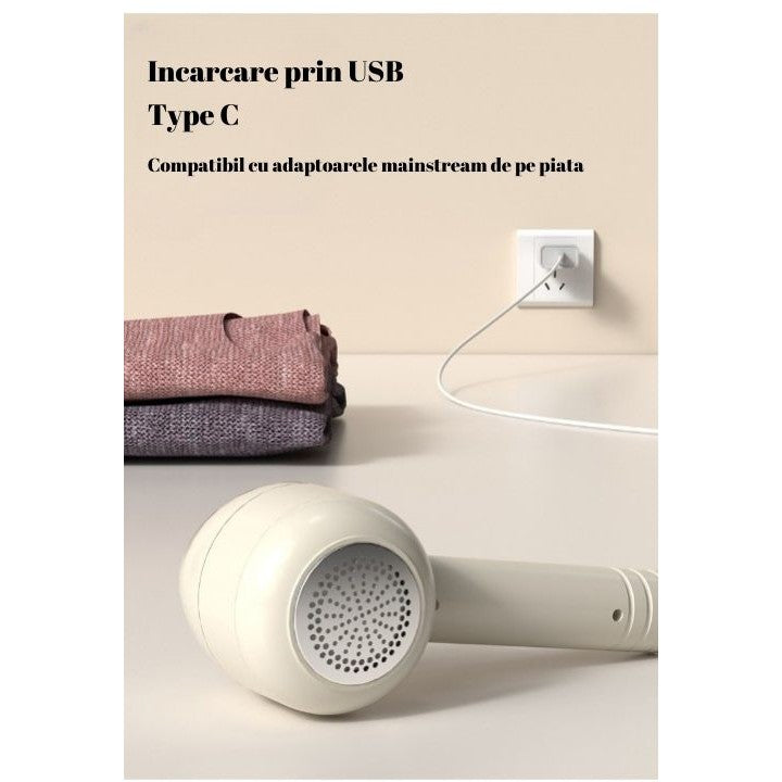 Aparat Pentru Curatat Scame, Par Si Praf, Klevo, Pentru Diferite Tipuri De Material, Cu Lame Din Otel Inoxidabil, Incarcare Prin USB Type-C, Cu Perie De Curatare, Cablu USB Si Stick Cu Lipici Incluse, Alb, 220 x 86 mm