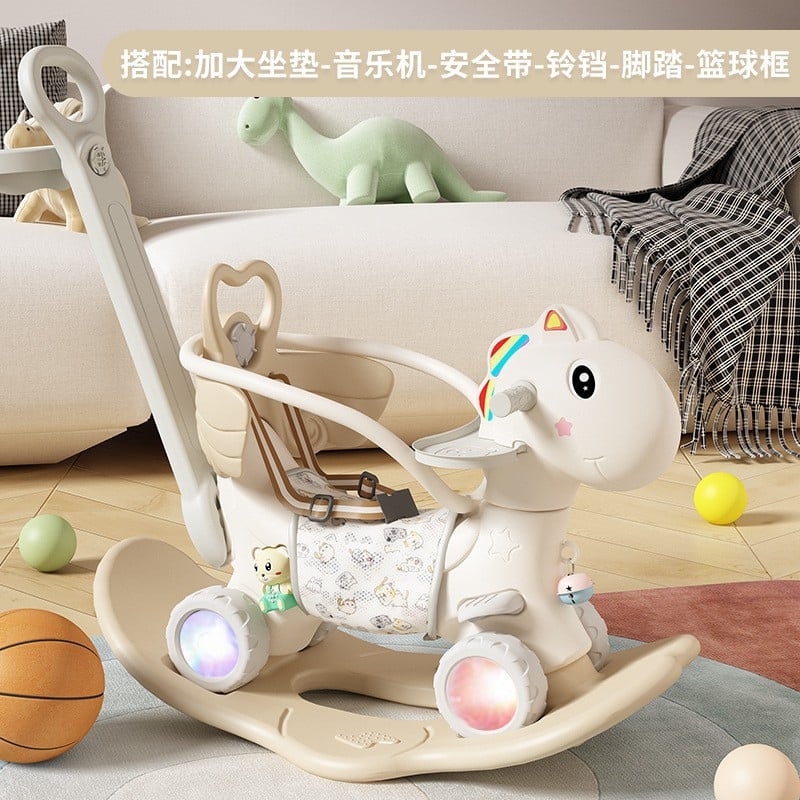 Balansoar pentru Copii, Klevo, 3in1, cu Spatar si Bara de Siguranta, Maner cu Cos de Basket, Tava de Masa, Roti Luminoase, 80 x 43 x 83 cm, din Plastic, + 3 Ani, Bej