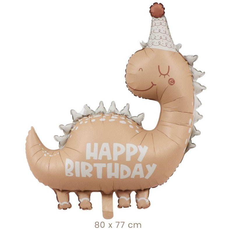 Balon din Folie Metalizata, Klevo, Figurina Animata, Model Dinozaur Happy Birthday, 80 x 77 cm, Ambalaj Individual, Pai Inclus, Umflare cu Aer sau Heliu, Maro