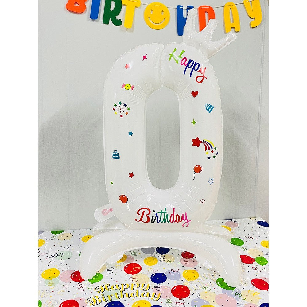 Balon din Folie Metalizata, Klevo, Figurina Cifra, Model 0 cu Happy Birthday Scris, Tema Aniversare 81 cm, Ambalaj Individual, Pai Inclus, Umflare cu Aer sau Heliu, Alb