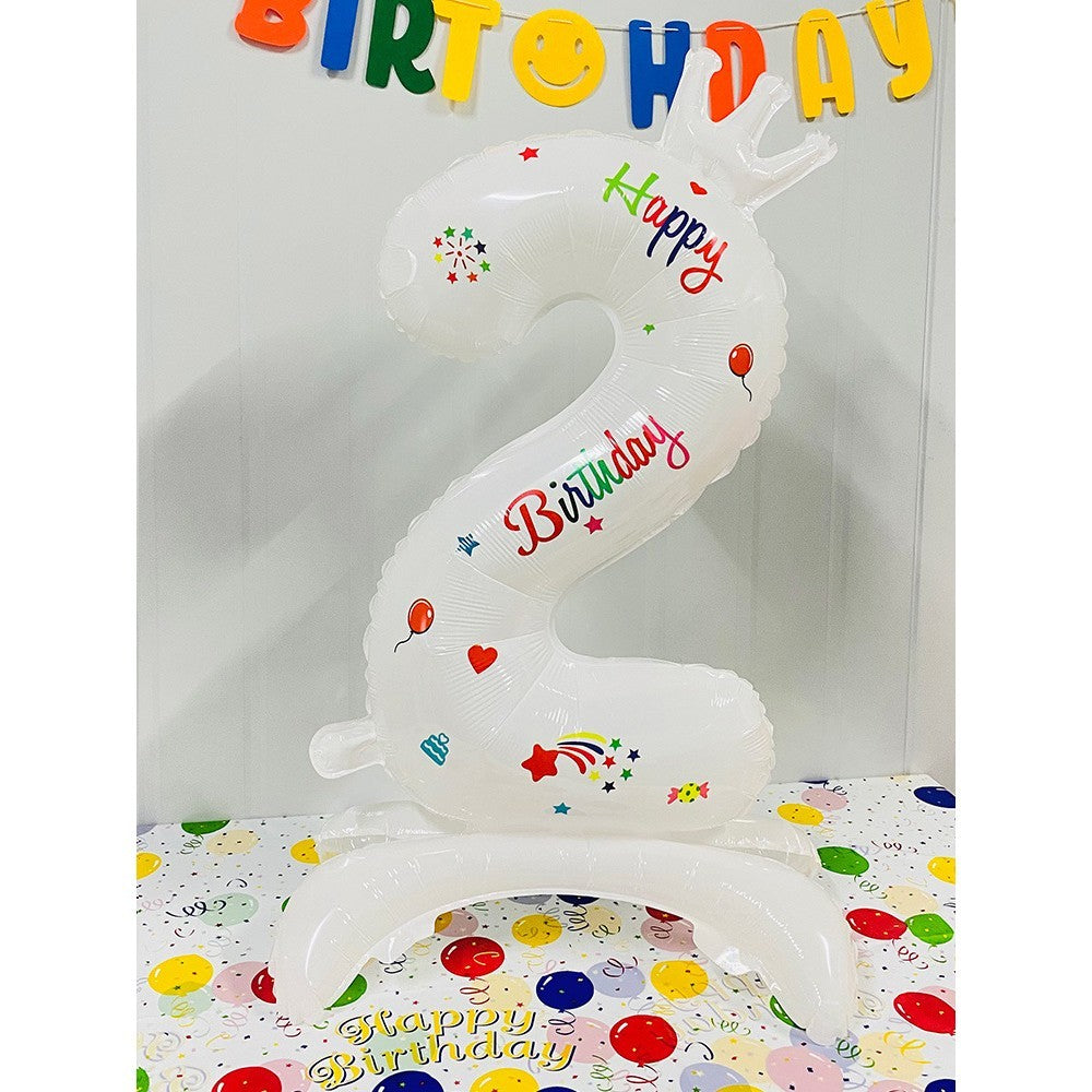 Balon din Folie Metalizata, Klevo, Figurina Cifra, Model 2 cu Happy Birthday Scris, Tema Aniversare 81 cm, Ambalaj Individual, Pai Inclus, Umflare cu Aer sau Heliu, Alb