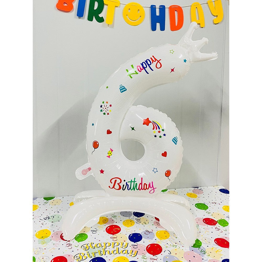 Balon din Folie Metalizata, Klevo, Figurina Cifra, Model 6 cu Happy Birthday Scris, Tema Aniversare 81 cm, Ambalaj Individual, Pai Inclus, Umflare cu Aer sau Heliu, Alb