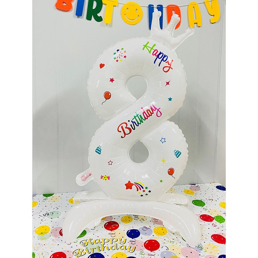 Balon din Folie Metalizata, Klevo, Figurina Cifra, Model 8 cu Happy Birthday Scris, Tema Aniversare 81 cm, Ambalaj Individual, Pai Inclus, Umflare cu Aer sau Heliu, Alb