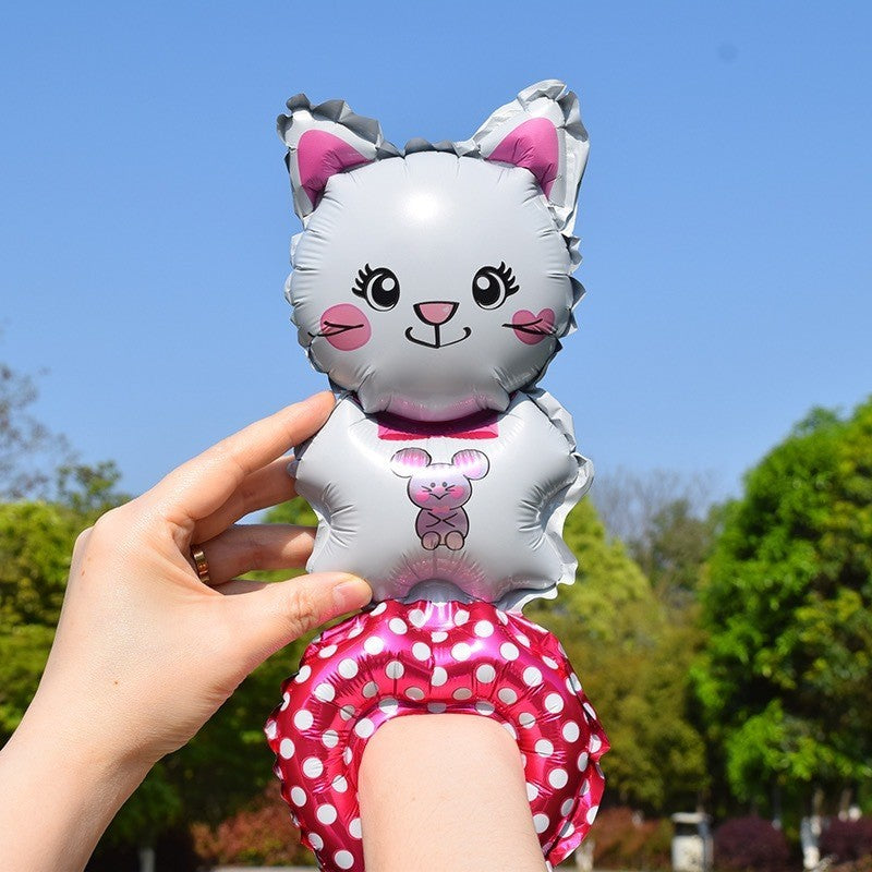 Balon din Folie Metalizata, Klevo, Figurine Animalute, Tip Bratara, Model Pisica, Ambalaj Individual, Pai Inclus, Umflare cu Aer sau Heliu, Alb