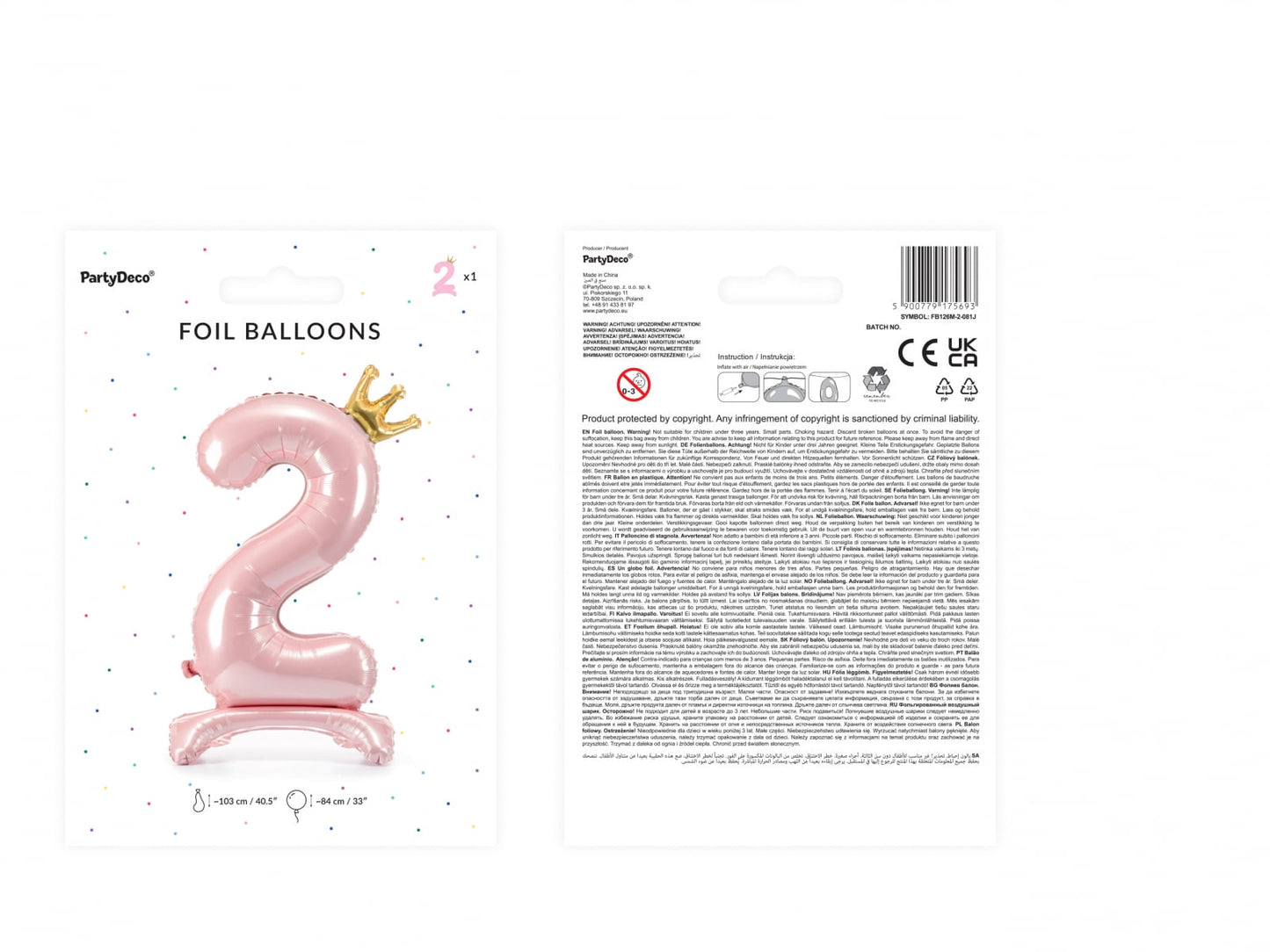 Balon folie cu suport Numărul "2", 84 cm, roz deschis (1 pachet / 1 buc.)