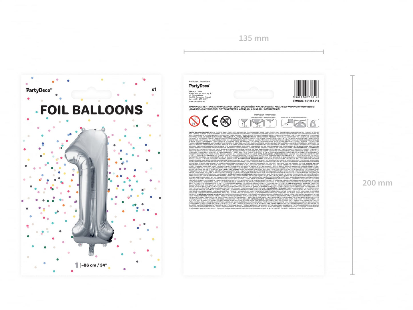 Balon folie Numarul "1", 86 cm, argintiu (1 pachet / 1 buc.)