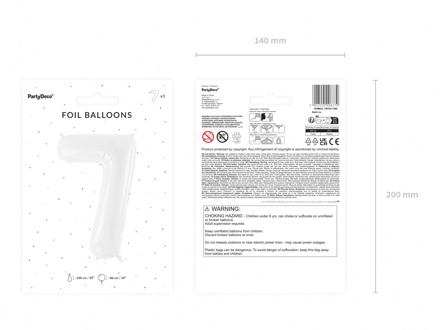 Balon folie Numărul "7", 86 cm, alb (1 pachet / 1 buc.)