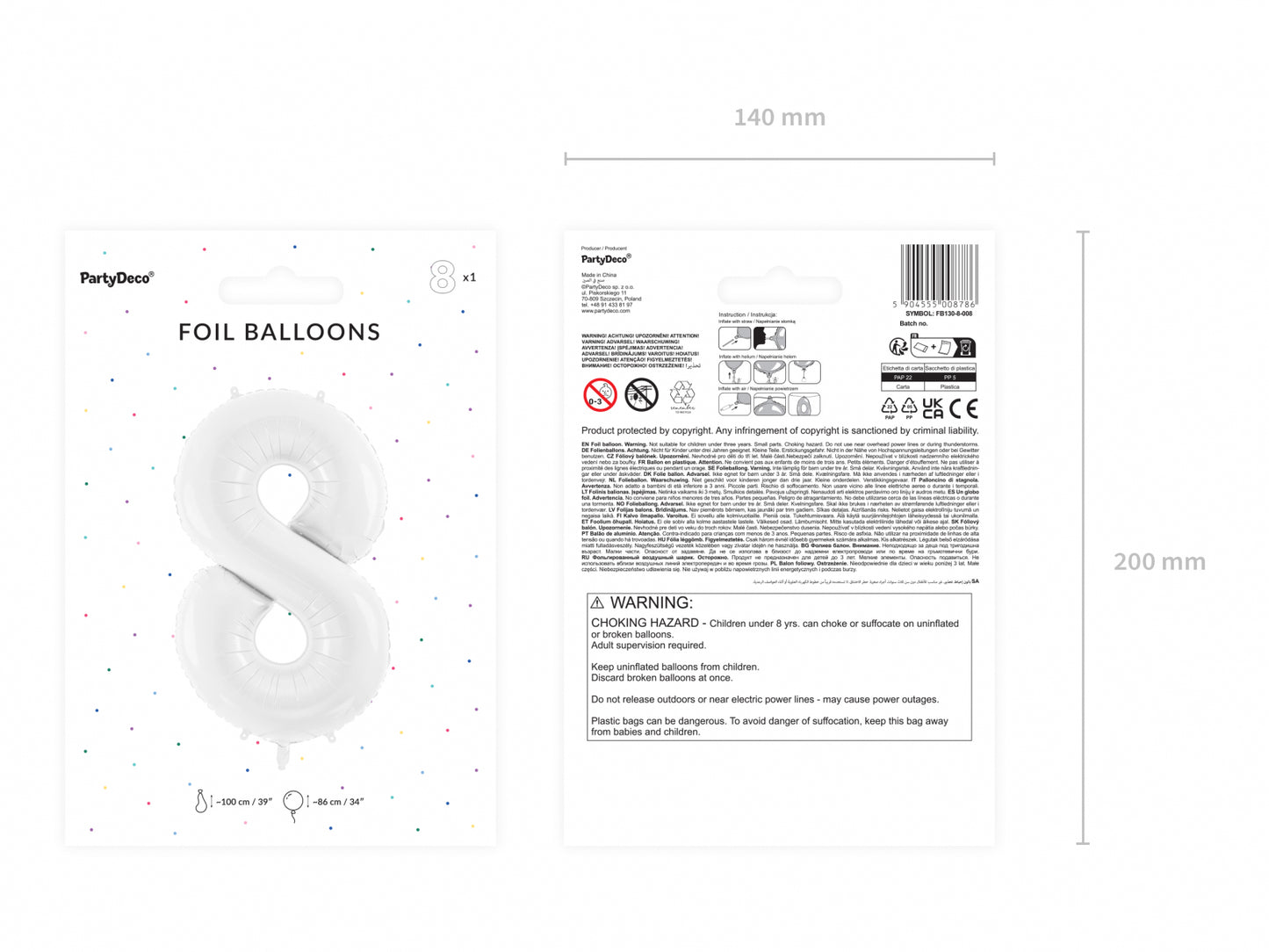 Balon folie Numărul "8", 86 cm, alb (1 pachet / 1 buc.)