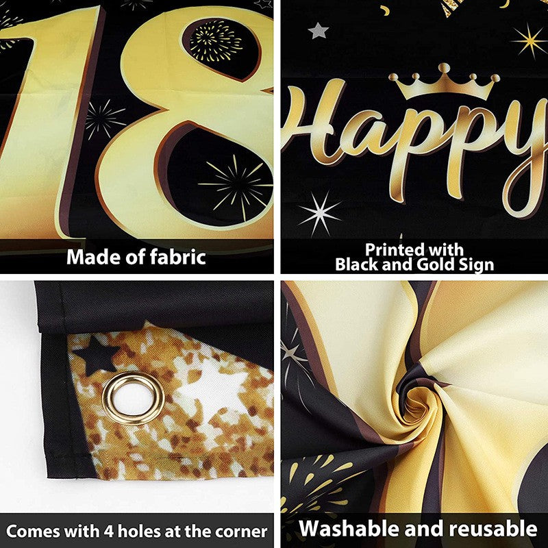 Banner pentru Petrecere, Klevo, Model Happy Birthday, Tematica Majorat, Aniversare 18 Ani, 185x90 cm, Negru