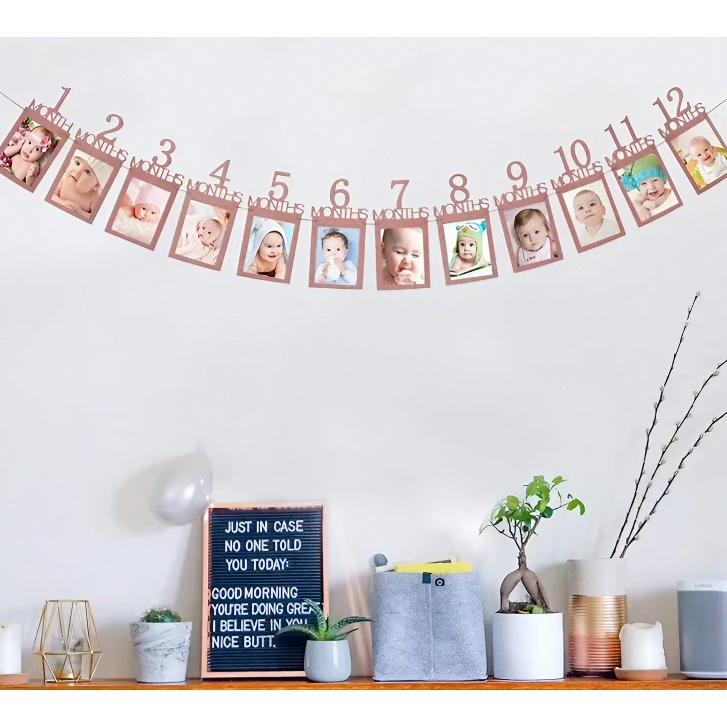 Banner pentru Poze, Klevo, 15.2x10.2 cm, Tema Prima Aniversare, Model Primele 12 Luni, Rola Ata Inclusa, Roz