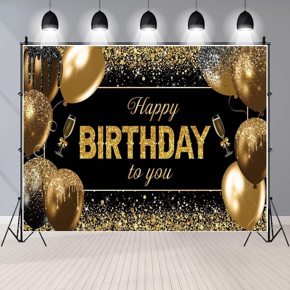 Banner Tip Fundal pentru Poze, Klevo, din Panza, 185 x 110 cm, Sfoara 6 m, Prindere in 4 Colturi, Happy Birthday to You, Negru/Auriu