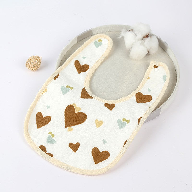 Baveta in Forma de U, Klevo, din Bumbac, pentru Copii 0-12 Luni, Rezistenta la Apa, cu Capse, Model cu Inimioare, 21x30 cm, Bej