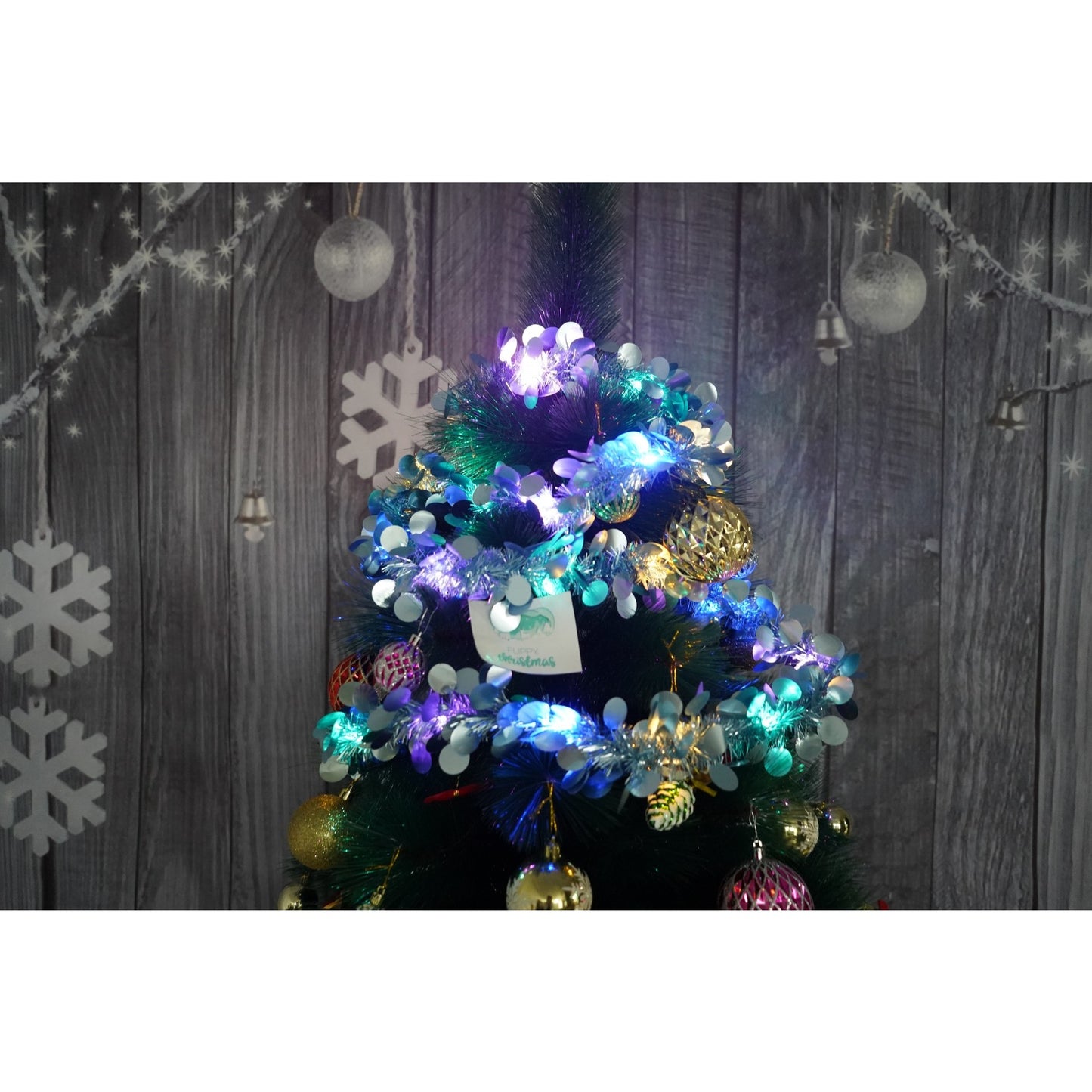 Beteala Craciun cu LED, Albastra, model cu paiete rotunde, 2 m x 5 cm, PVC, Sir, Artificiala, Klevo