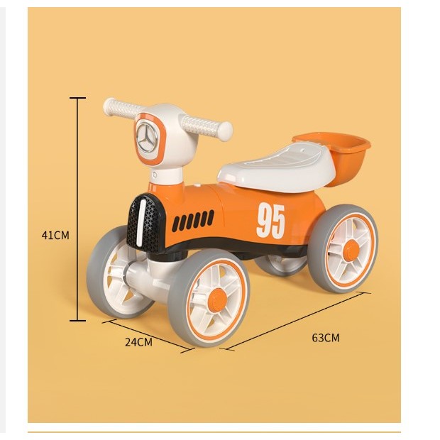 Bicicleta fara pedale pentru copii Klevo, cu lumini si muzica, 4 roti, varsta 1-3 ani, material PP, 63 x24 x41 cm, portocaliu