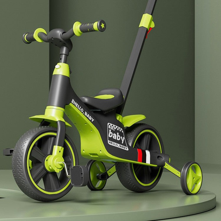 Bicicleta Multifunctionala pentru Copii, Klevo, 3 in 1 Bicicleta Troller Tricicleta, 2-6 ani, cu Roti Auxiliare, Ghidon si Scaun Reglabil, 93 x 78 x 43 cm, Negru Verde