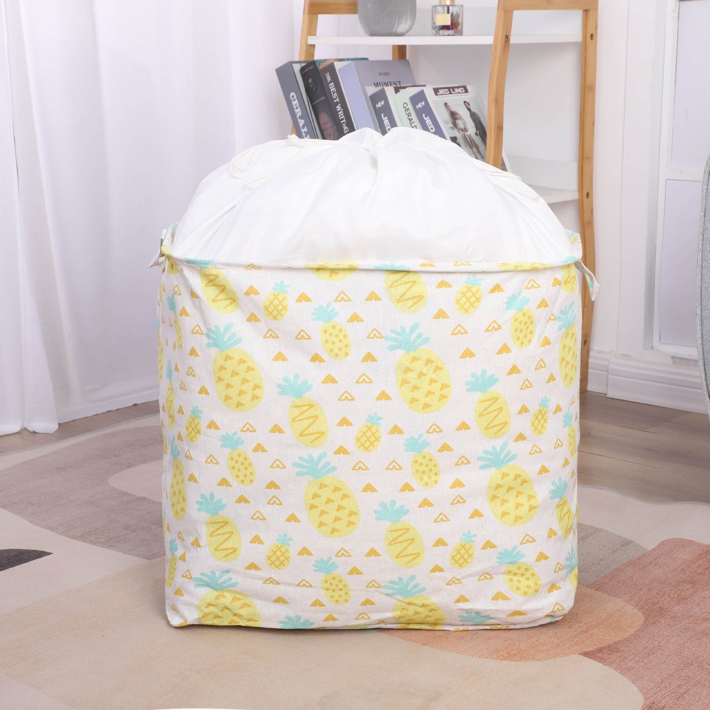 Cutie de Depozitare Pliabila, Klevo, Impermeabila, cu Snur, Capacitate 100 L, cu Manere, 50x50x40cm, Model Ananas, Galben