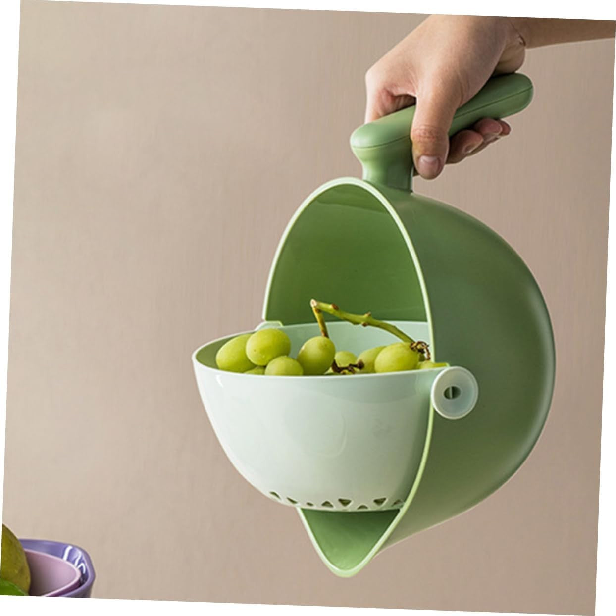 Bol cu Doua Straturi, Klevo, pentru Fructe, Legume, cu Cos de Scurgere a Apei, 2L, din ABS+PP, 29.9 x 22.5 x 11.8 cm, Verde-Alb