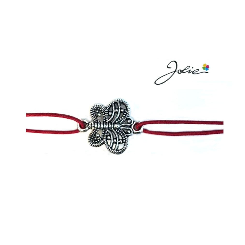 Martisor tip Bratara cu Pandantiv Metalic, Jolie, Snur Textil Rosu, Model Fluture, Dimensiune Reglabila, Nod Dublu, Ambalata Individual