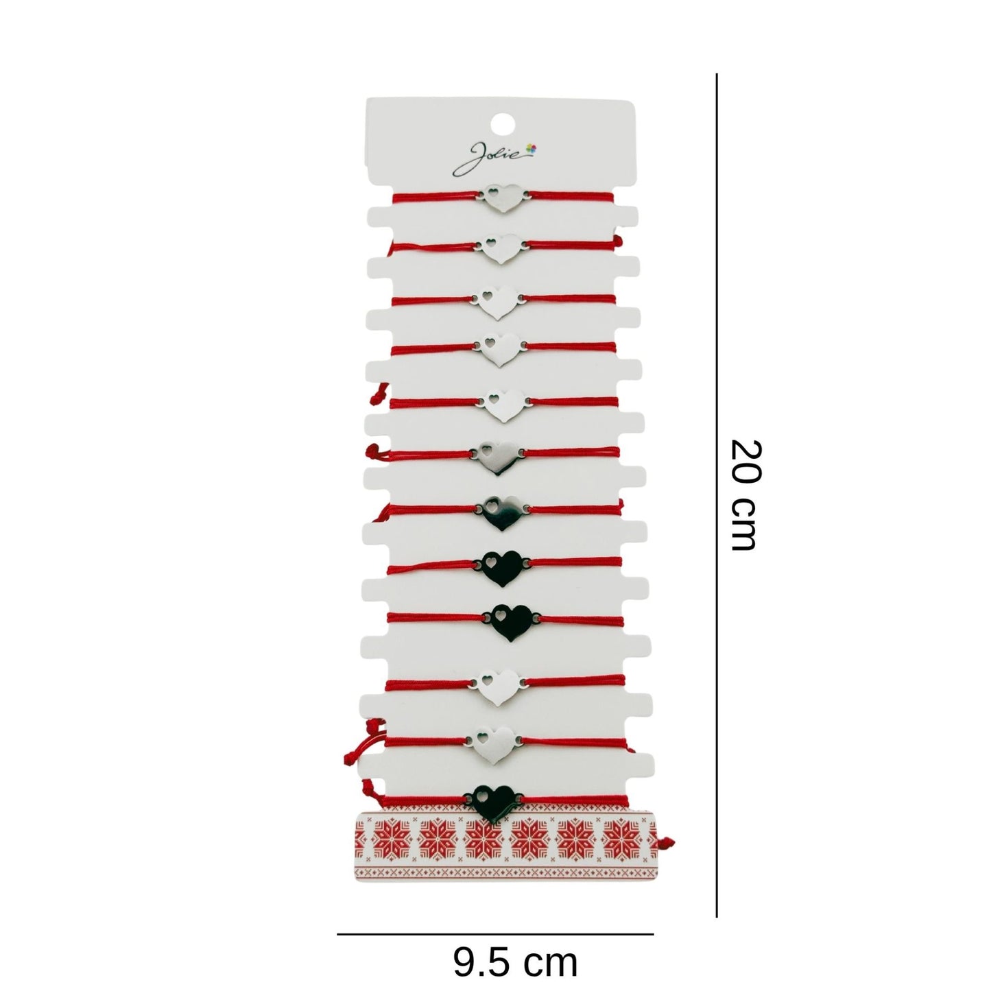 Bratara Martisor pentru Dama, Jolie, Model Inima, Set 12 bucati, Pandativ Argintiu din Inox cu Snur Rosu Ajustabil