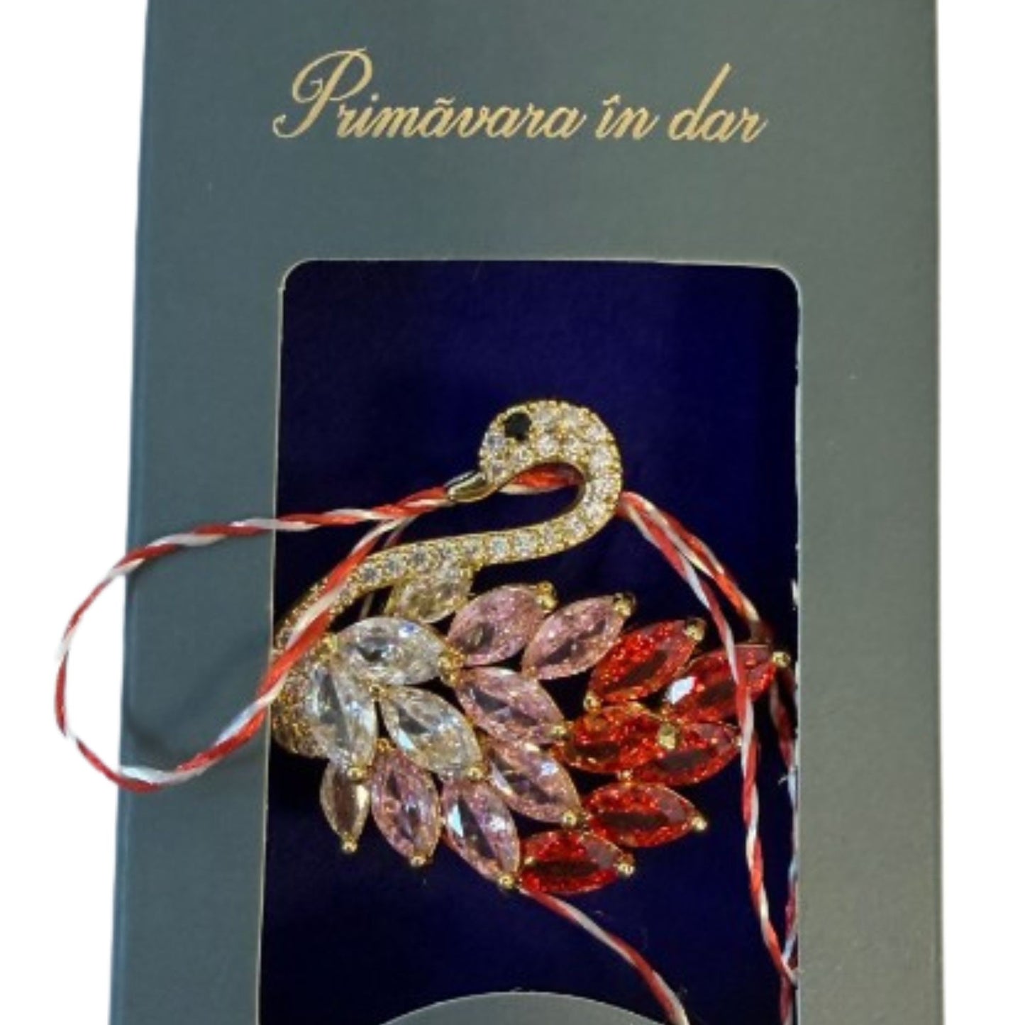 Martisor cu Brosa Placata cu Aur 24K, Jolie, Ambalaj Carton cu Design, Material Metal, Model Lebada, Dimensiune Brosa 2.5-3cm, Auriu/Rosu