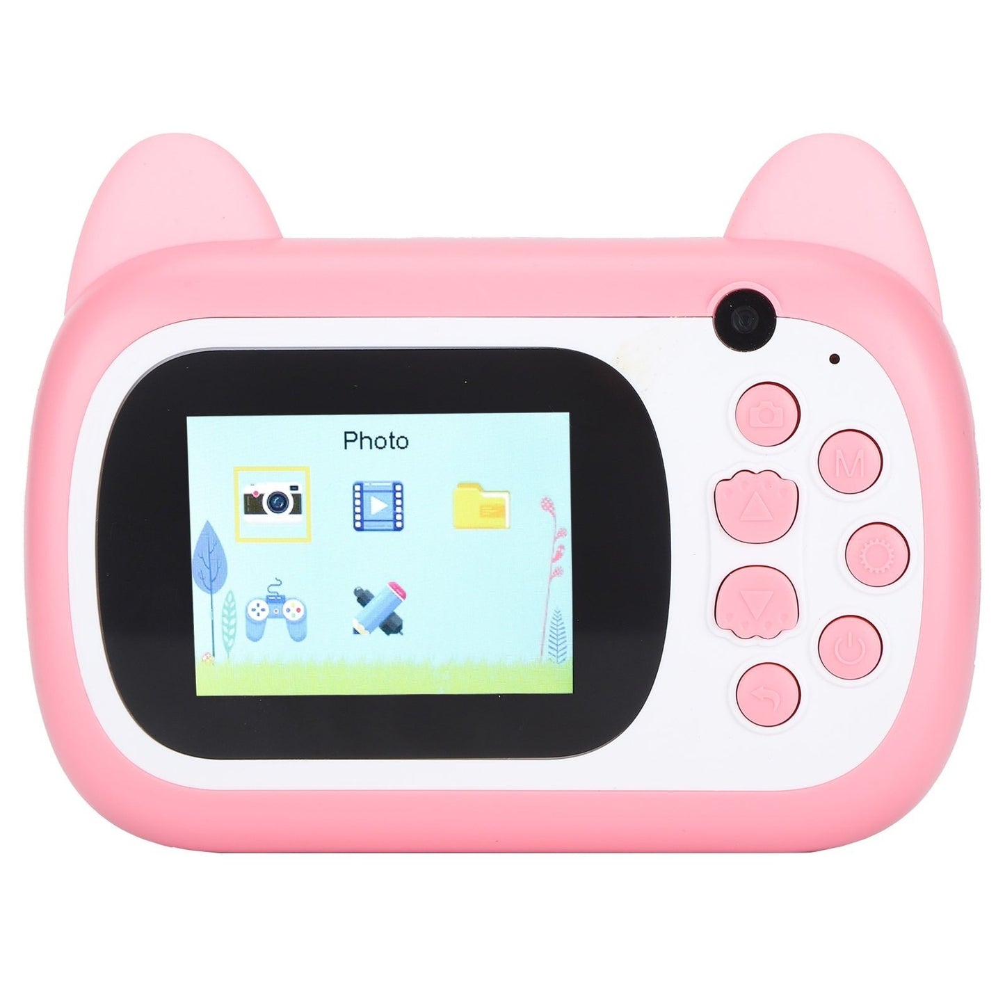 Camera Instantanee pentru Copii, Klevo, Camera Frontala + Selfie, cu Functie de Printare, Cablu USB-C, Bluetooth, Compatibil iOS/Android, Imprimare APP, Model Pisica Smiley Face, Roz