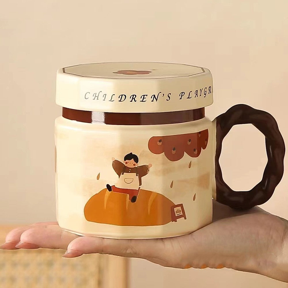 Cana din ceramica, Klevo, Cana pentru Cafea, Ceai, Cana Universala, Unisex, Cana cu Capac, 9 x 8 x 8 cm, 400 ml, Model Baietel Bej