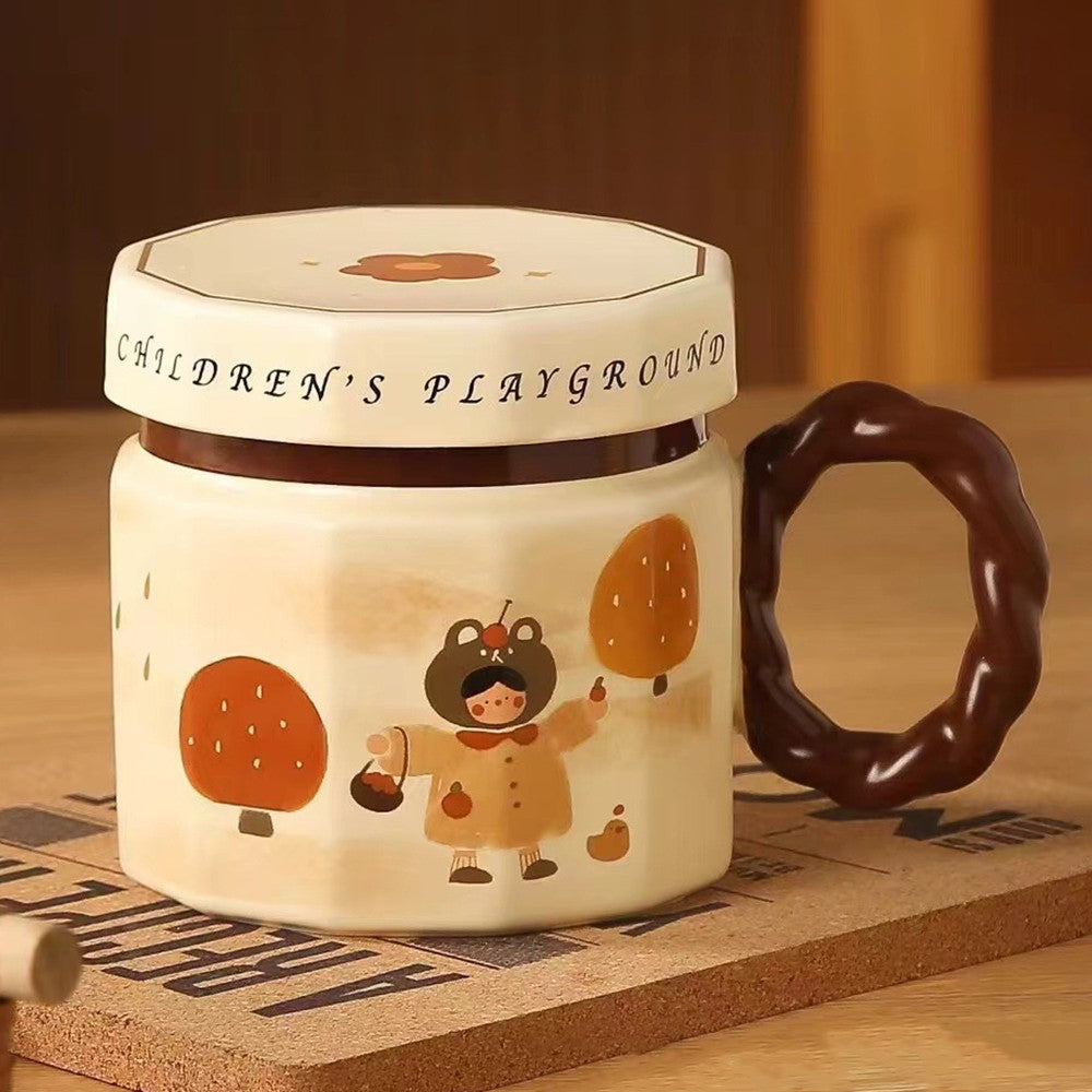 Cana din ceramica, Klevo, Cana pentru Cafea, Ceai, Cana Universala, Unisex, Cana cu Capac, 9 x 8 x 8 cm, 400 ml, Model Fetita, Bej