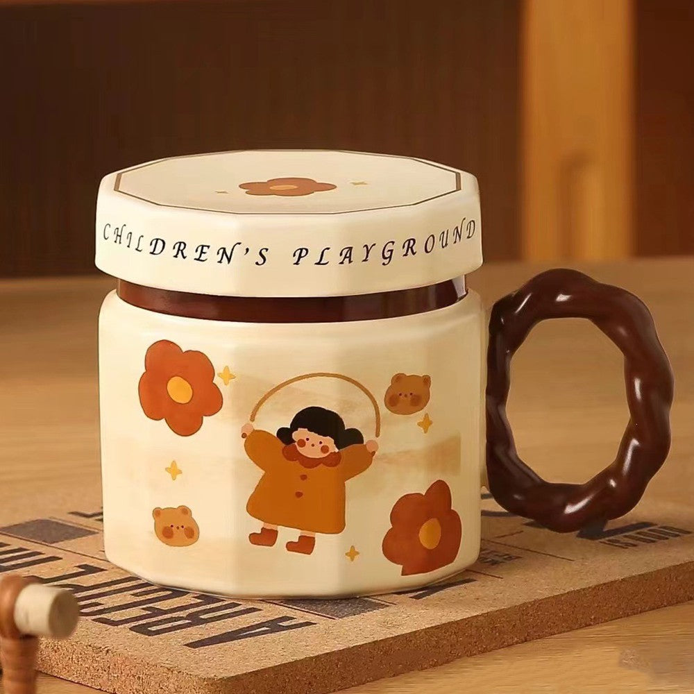 Cana din ceramica, Klevo, Cana pentru Cafea, Ceai, Cana Universala, Unisex, Cana cu Capac, 9 x 8 x 8 cm, 400 ml, Model Fetita cu Coarda, Bej