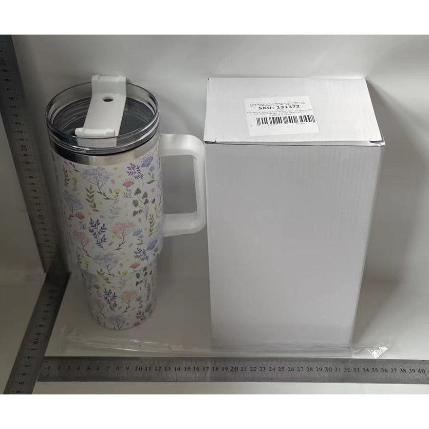 Cana Termos din Plastic, Klevo, pentru Bauturi Calde si Reci, cu Maner, Imprimeu Floral, Alb, 10x7.6x27.5 cm