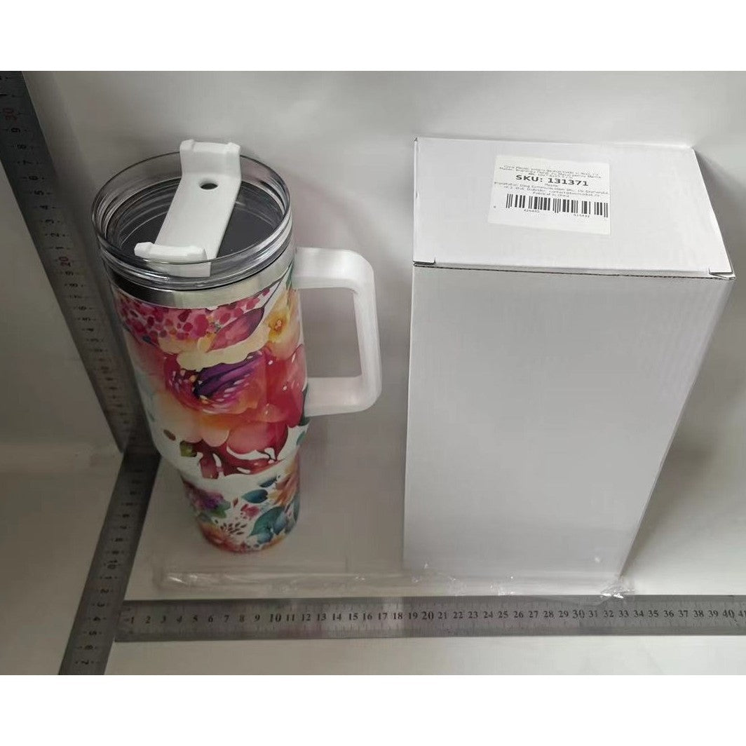 Cana Termos din Plastic, Klevo, pentru Bauturi Calde si Reci, cu Maner, Imprimeu Floral, cu Mesaj pentru Mama, Alb, 10x7.6x27.5 cm