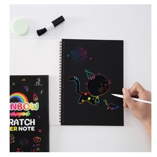 Caiet cu Foi de Hartie de Razuit, Klevo, cu Un Stilou din Bambus, pentru Desen, Curcubeu, 19 x 26 cm, Negru