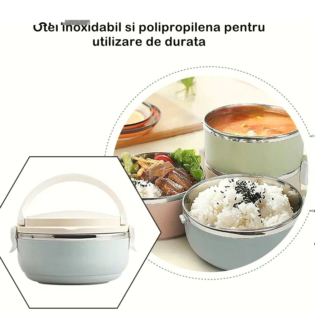 Caserola pentru alimente Klevo, lunch box, 700 ml, otel inoxidabil, maner, valva aerisire, inchidere etansa, 15 x 8.5 cm, albastru