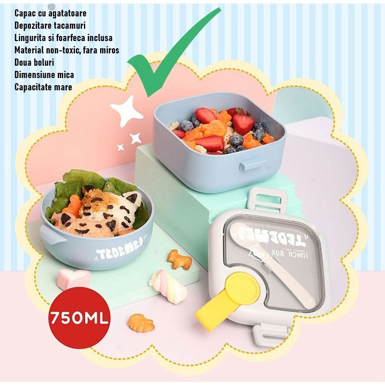 Caserola pentru copii Klevo, lunch box, 750 ml, doua boluri, lingura, foarfeca din plastic, rezistenta la scurgeri, Albastra