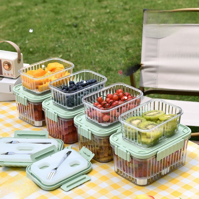 Caserola portabila pentru mancare fresh Klevo, 550 ml, furculita pentru fructe, 7 x 11.5 x 16 cm, capac detasabil pentru congelator, etans, spatiu pentru tacamuri, maner, material plastic, rezistent la temperaturi ridicate, transparent