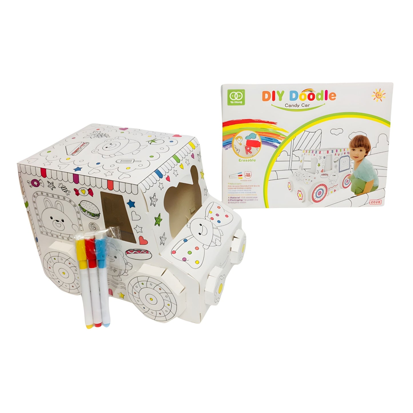 Jucarie Educativa pentru Copii, Klevo, Model Masinuta 3D, Jucarie de Asamblat si Colorat, din Carton, 28 x 20 cm, 3+ ani, Alb