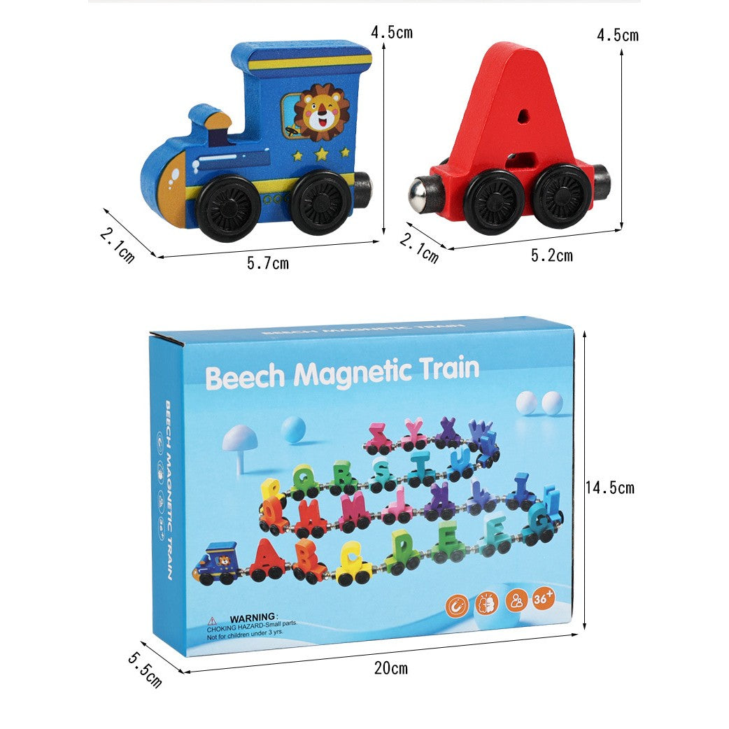 Trenulet Magnetic, Klevo, din Lemn, Model Alfabet, 26 Litere, +3 Ani, Jucarie de Asamblat, Multicolor