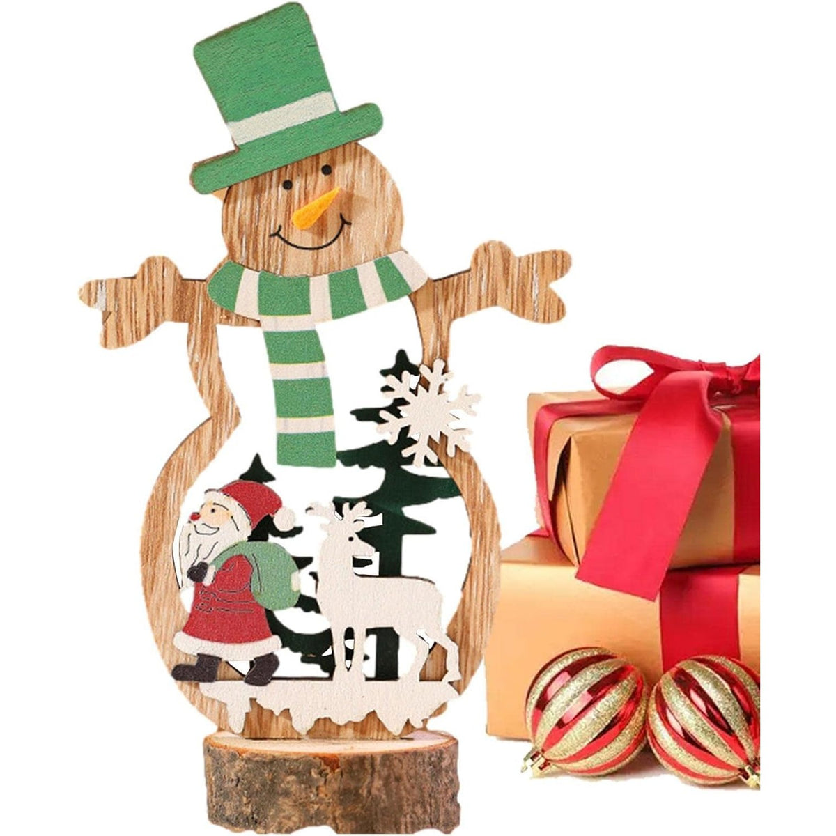 Decoratiune de Craciun, Klevo, din Lemn, 10.5 x 18 cm, Model Om de Zapada cu Caciula Verde, Multicolor