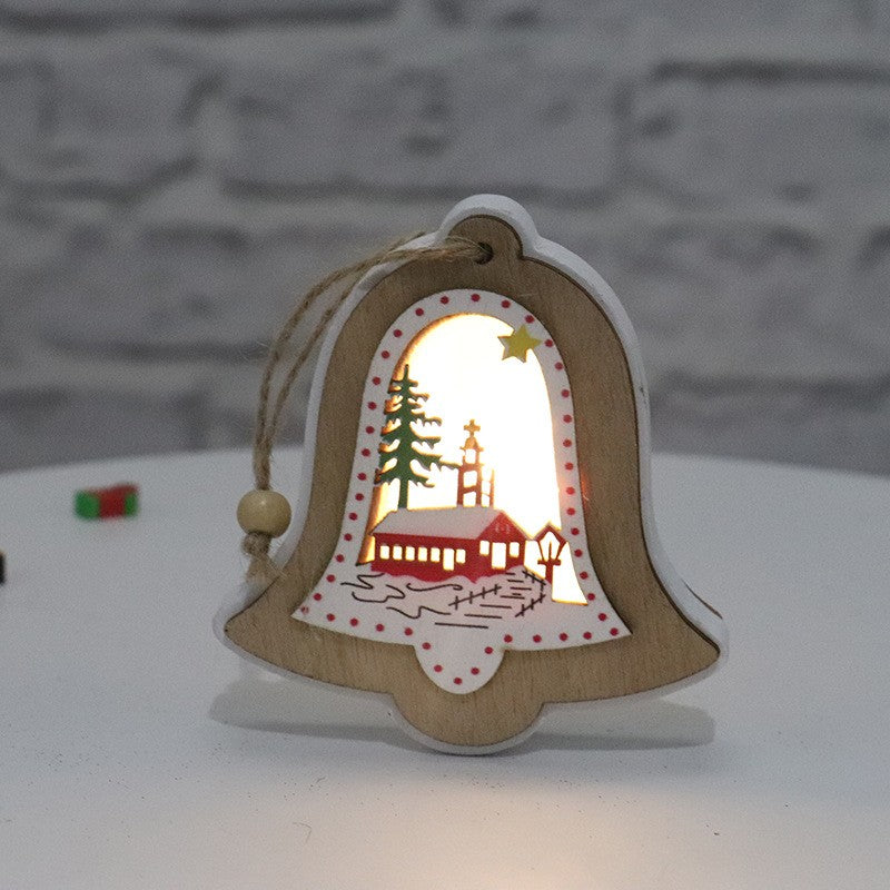 Ornament de Brad, Klevo, cu Lumini LED, din Lemn, Model Clopot, Multicolor
