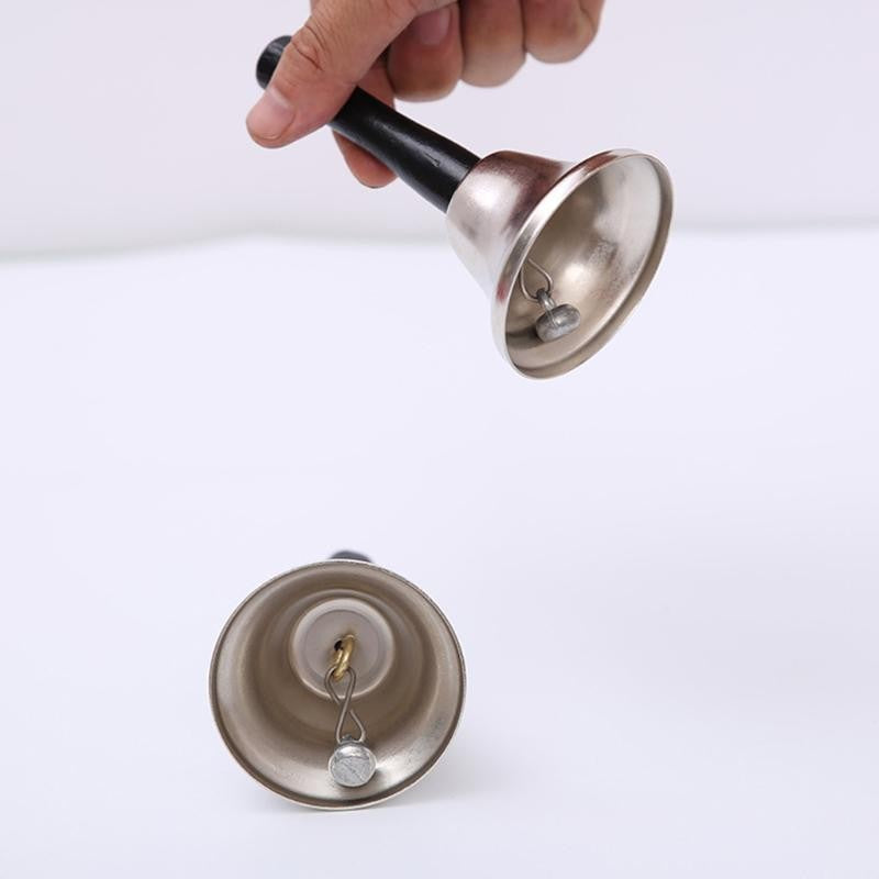 Clopotel de Craciun Metalic, Klevo, Maner din Lemn, Circumferinta 6.5 cm, Lungime 12 cm, Argintiu