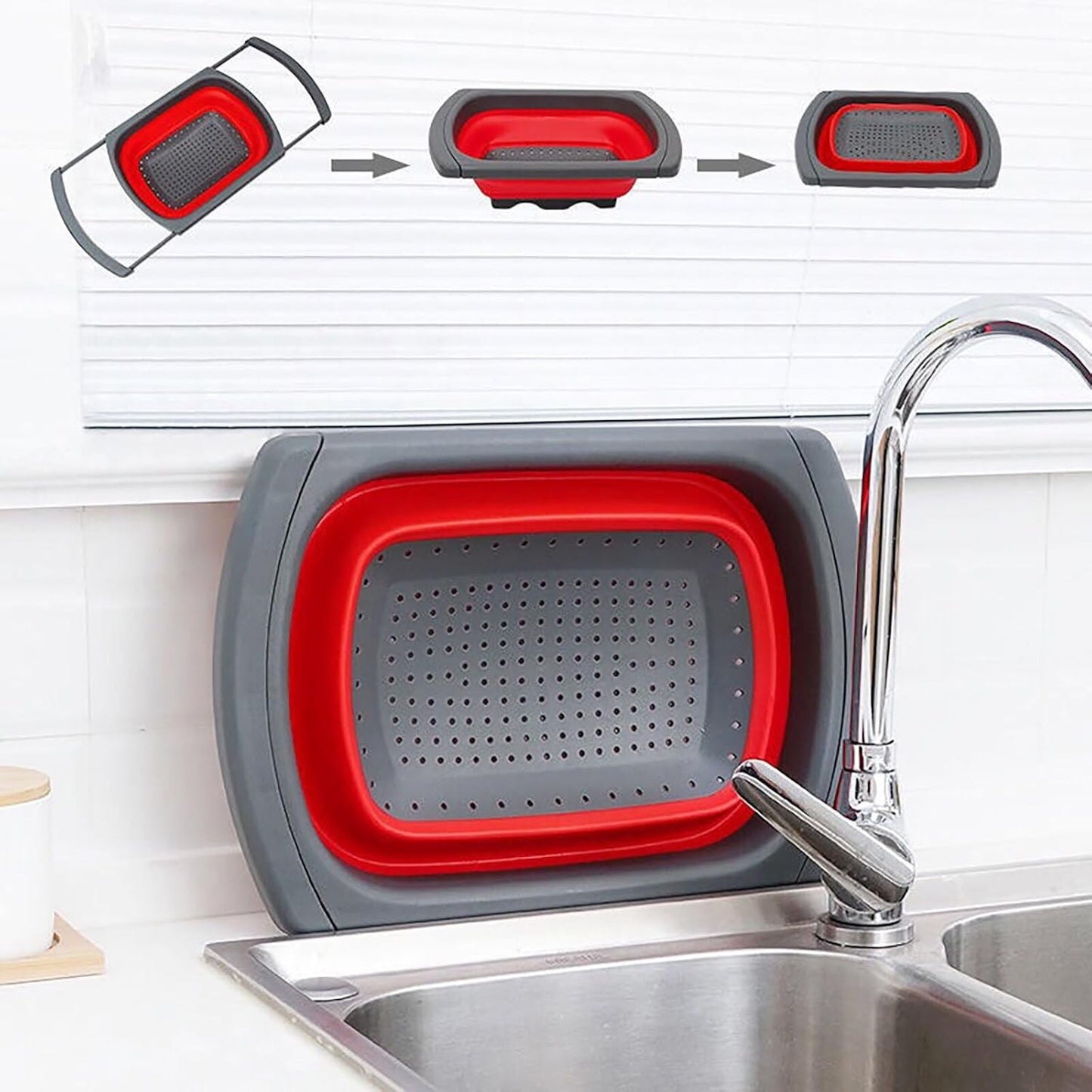 Cos de Scurgere Retractabil pentru Chiuveta, Klevo, cu Filtru, pentru Fructe si Legume, de Uz Casnic, 39x12 cm, Design Extensibil pana la 61 cm, cu Manere de Prindere, Rosu