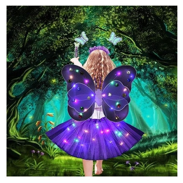 Costum Fluturas cu Aripi Modelabile Luminoase pentru Copii, Klevo, Fusta din Tul cu Lumini, Bagheta si Bentita, 4 piese, Pentru Halloween, Roleplay, Craciun, Carnaval, Paste, Ziua Copilului, Bumbac/Poliester, Marime universala, Mov