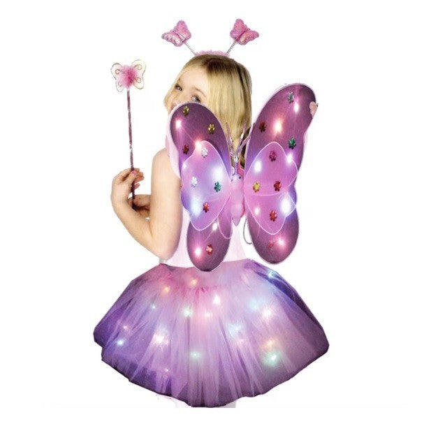 Costum Fluturas cu Aripi Modelabile Luminoase pentru Copii, Klevo, Fusta din Tul cu Lumini, Bagheta si Bentita, 4 piese, Pentru Halloween, Roleplay, Craciun, Carnaval, Paste, Ziua Copilului, Bumbac/Poliester, Marime universala, Roz