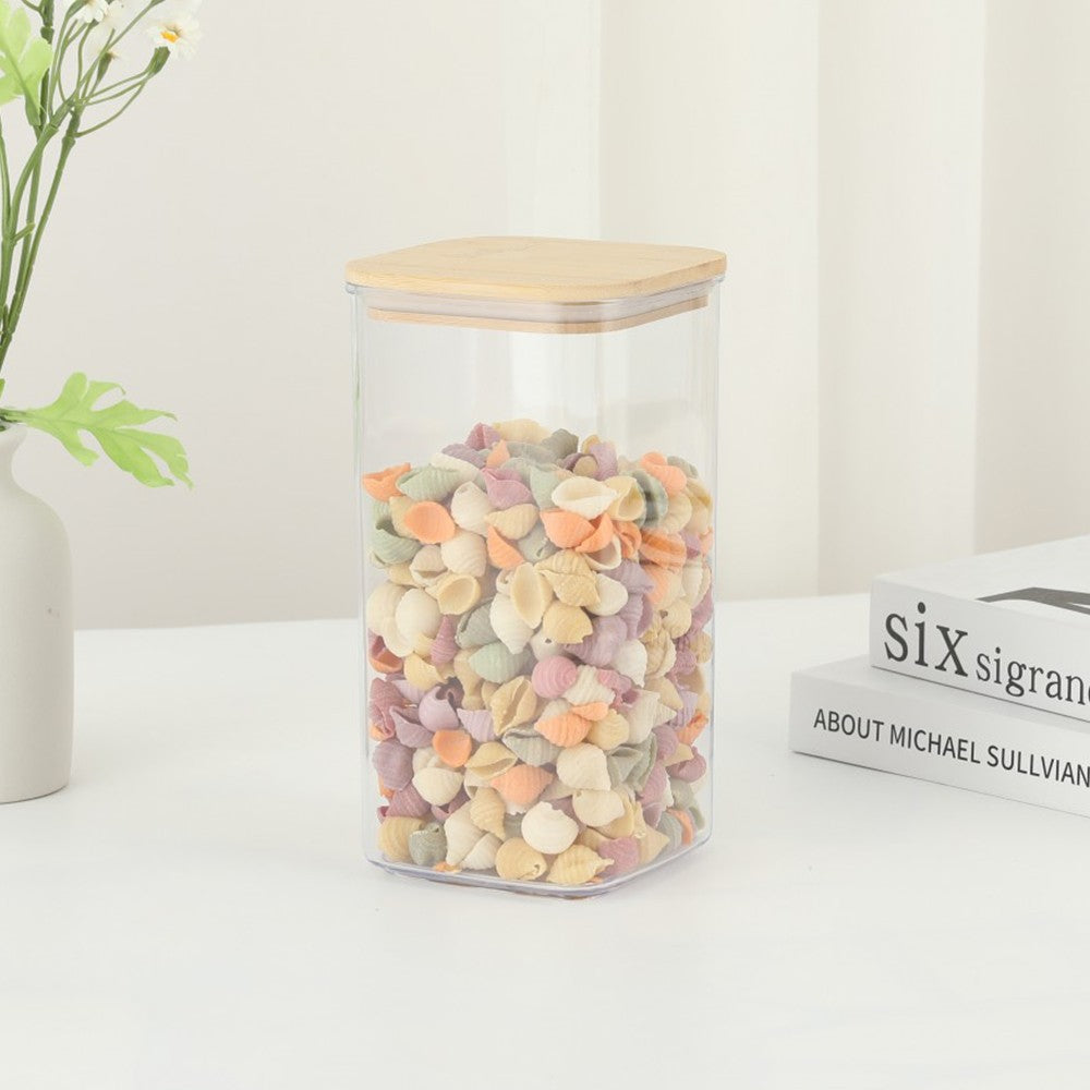 Cutie de Depozitare Alimente, Klevo, Cutie de tip Container, Cutie pentru Cereale, din Plastic, Capac din Bambuc, 10 x 10 x 19 cm, Volum 1.2l, Transparent